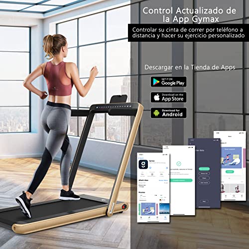 COSTWAY Cinta de Correr Plegable 2 en 1, 12KM/H, Cinta de Andar con Control Remoto, Superficie 100x40cm, Doble Pantalla LED, App Control, Soporte para Teléfono y Altavoz (champán)