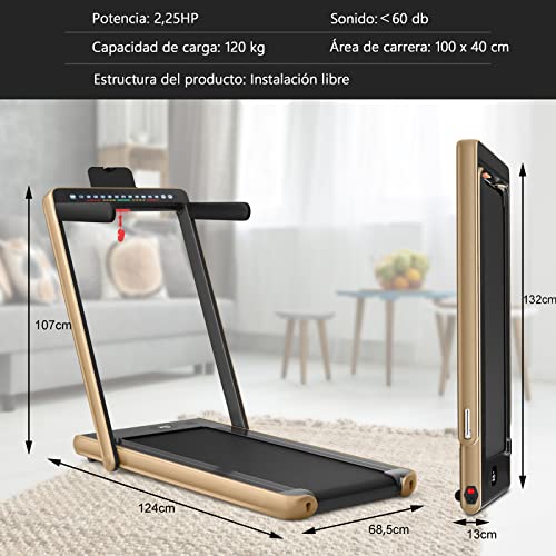 COSTWAY Cinta de Correr Plegable 2 en 1, 12KM/H, Cinta de Andar con Control Remoto, Superficie 100x40cm, Doble Pantalla LED, App Control, Soporte para Teléfono y Altavoz (champán)