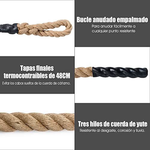 COSTWAY Cuerda para Trepar, 38MM, 3-9M, Agarres de Goma, Cuerda de Escalada de Yute (4,5 M)