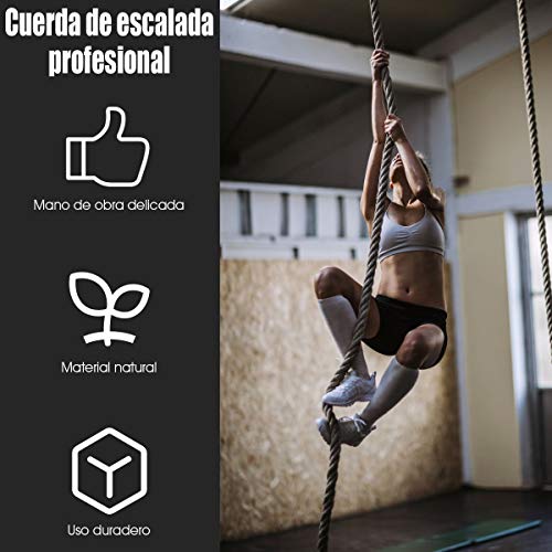 COSTWAY Cuerda para Trepar, 38MM, 3-9M, Agarres de Goma, Cuerda de Escalada de Yute (4,5 M)