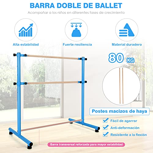 COSTWAY Doble Barra de Ballet, Barra de Baile 120 cm con 2 Barras de Sólida Madera de Haya, 5 Posiciones Regulables, Almohadillas Antideslizantes, Ideal para Ballet Baile Elongación Fitness (Azul)