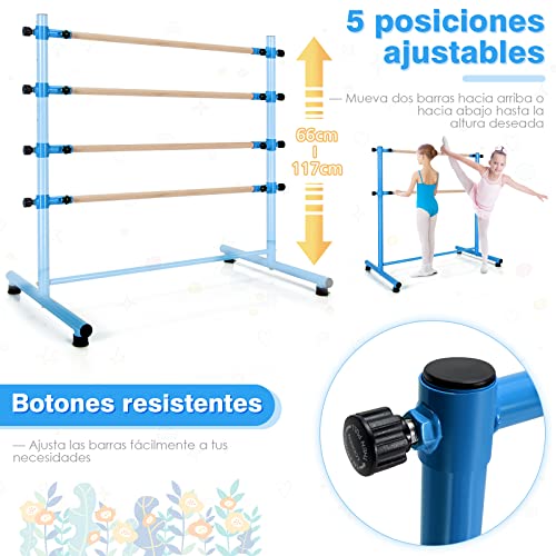 COSTWAY Doble Barra de Ballet, Barra de Baile 120 cm con 2 Barras de Sólida Madera de Haya, 5 Posiciones Regulables, Almohadillas Antideslizantes, Ideal para Ballet Baile Elongación Fitness (Azul)