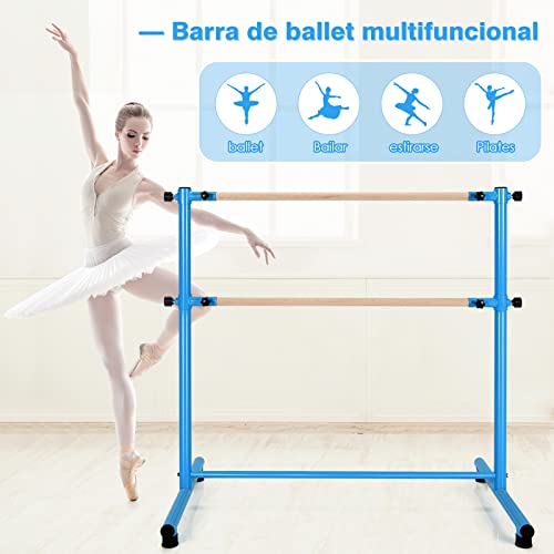 COSTWAY Doble Barra de Ballet, Barra de Baile 120 cm con 2 Barras de Sólida Madera de Haya, 5 Posiciones Regulables, Almohadillas Antideslizantes, Ideal para Ballet Baile Elongación Fitness (Azul)