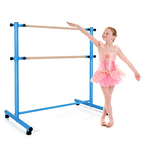 COSTWAY Doble Barra de Ballet, Barra de Baile 120 cm con 2 Barras de Sólida Madera de Haya, 5 Posiciones Regulables, Almohadillas Antideslizantes, Ideal para Ballet Baile Elongación Fitness (Azul)