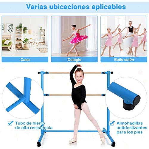 COSTWAY Doble Barra de Ballet, Barra de Baile 120 cm con 2 Barras de Sólida Madera de Haya, 5 Posiciones Regulables, Almohadillas Antideslizantes, Ideal para Ballet Baile Elongación Fitness (Azul)