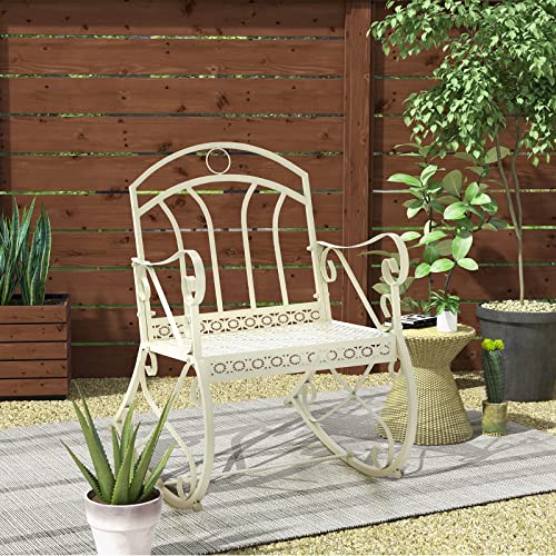 COSTWAY Mecedora de Metal para Exterior, Respaldo Ergonómico y Apoyabrazos, Mecedora para Patio, Silla Balancín para Terraza, Piscina, Balcón,77 x 60 x 90 cm, Blanco