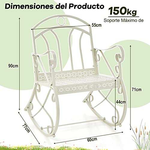 COSTWAY Mecedora de Metal para Exterior, Respaldo Ergonómico y Apoyabrazos, Mecedora para Patio, Silla Balancín para Terraza, Piscina, Balcón,77 x 60 x 90 cm, Blanco