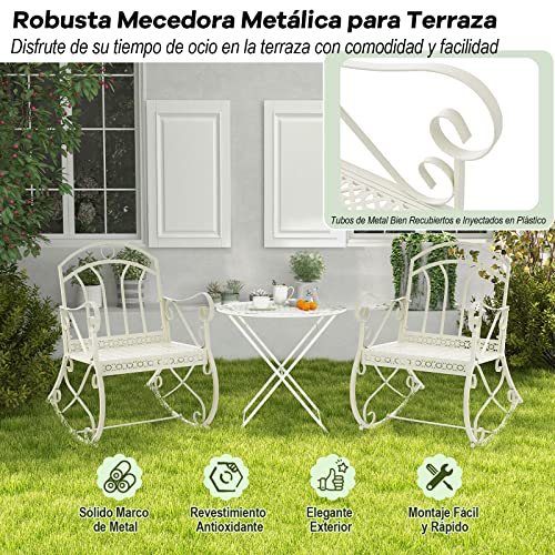 COSTWAY Mecedora de Metal para Exterior, Respaldo Ergonómico y Apoyabrazos, Mecedora para Patio, Silla Balancín para Terraza, Piscina, Balcón,77 x 60 x 90 cm, Blanco