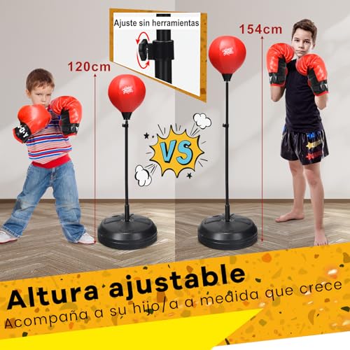 COSTWAY Saco de Boxeo de Altura Regulable de 120 a 154 cm, Punching Ball, Juego de Saco de Boxeo, Saco de Boxeo de Pie con Guantes de Boxeo y Bomba Manual para Adulto y Niños a Mayores de 8 Años