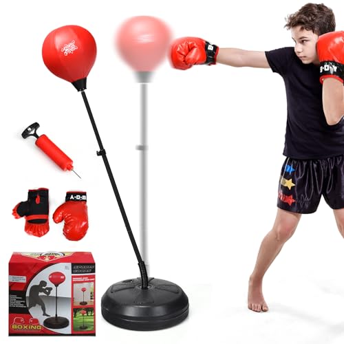 COSTWAY Saco de Boxeo de Altura Regulable de 120 a 154 cm, Punching Ball, Juego de Saco de Boxeo, Saco de Boxeo de Pie con Guantes de Boxeo y Bomba Manual para Adulto y Niños a Mayores de 8 Años