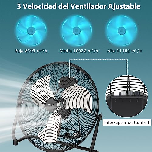 COSTWAY Ventilador Industrial de 160W, Ventilador Portatil Potente con 3 Velocidades, Ventilador Frio con Aspas de Metal φ51cm, con Ángulo de Inclinación Ajustable de 145°, para Hogar, Negro