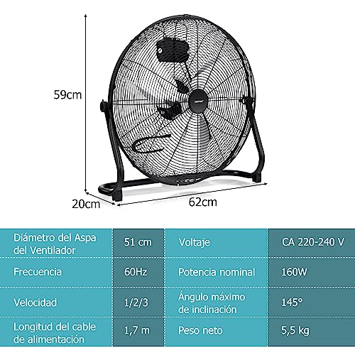 COSTWAY Ventilador Industrial de 160W, Ventilador Portatil Potente con 3 Velocidades, Ventilador Frio con Aspas de Metal φ51cm, con Ángulo de Inclinación Ajustable de 145°, para Hogar, Negro