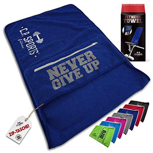 C.P. Sports Fitness Towel Microfibre | Fijación + Bolsa con Cremallera | Gimnasio Entrenamiento Deporte | Extra Suave, Lavable, Larga y Grande | para Mujeres y Hombres | Color Azul Oscuro