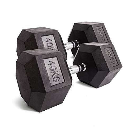 C.P. Sports Hexagon - Mancuerna de Goma 15kg Pareja - con Revestimiento y Mango ergonómico de Cromo, Cortas, Conjunto de Mancuernas, Dumbbell, Maletero como Pieza y par de Mancuernas hexagonales