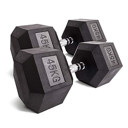 C.P. Sports Hexagon - Mancuerna de Goma 15kg Pareja - con Revestimiento y Mango ergonómico de Cromo, Cortas, Conjunto de Mancuernas, Dumbbell, Maletero como Pieza y par de Mancuernas hexagonales