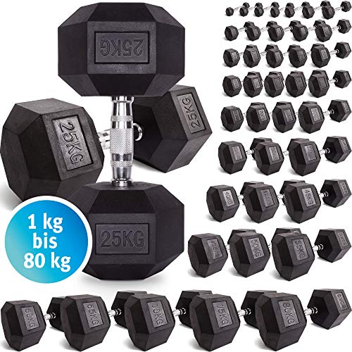 C.P. Sports Hexagon - Mancuerna de Goma 15kg Pareja - con Revestimiento y Mango ergonómico de Cromo, Cortas, Conjunto de Mancuernas, Dumbbell, Maletero como Pieza y par de Mancuernas hexagonales