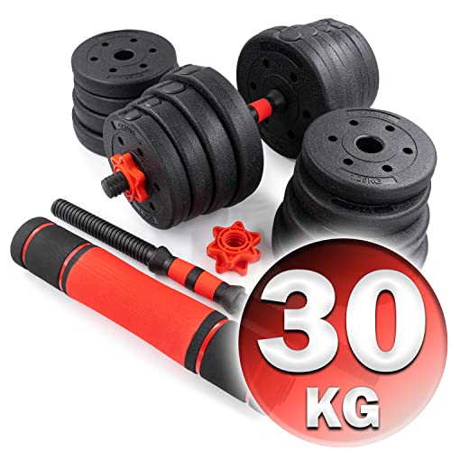 C.P.Sports 2in1 Juego de Mancuernas y Pesas 30kg | 4X 1,25kg -4X 1,5kg -4X 2,0kg - 4X 2,5kg - 2X Mangos | Placas de plástico para Entrenamiento, Fitness, Gimnasio en casa | Rojo-Negro