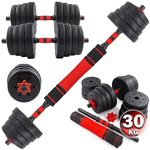 C.P.Sports 2in1 Juego de Mancuernas y Pesas 30kg | 4X 1,25kg -4X 1,5kg -4X 2,0kg - 4X 2,5kg - 2X Mangos | Placas de plástico para Entrenamiento, Fitness, Gimnasio en casa | Rojo-Negro