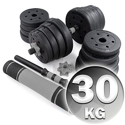 C.P.Sports 2in1 Juego de mancuernas y pesas 30kg | 4x 1,25kg - 4x 1,5kg -4x 2,0kg -4x 2,5kg pesas - 2x mangos | platos de plástico para entrenamiento fitness, gimnasio en casa | plata-negro