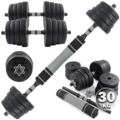 C.P.Sports 2in1 Juego de mancuernas y pesas 30kg | 4x 1,25kg - 4x 1,5kg -4x 2,0kg -4x 2,5kg pesas - 2x mangos | platos de plástico para entrenamiento fitness, gimnasio en casa | plata-negro