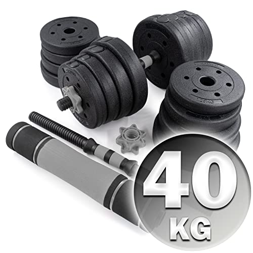 C.P.Sports 2in1 Juego de Pesas y Mancuernas 40kg | 4X 1,25kg - 6X 2,5kg - 6X 3,0kg - 2X Barras de Mango | Platos de Plástico para Entrenamiento, Fitness, Gimnasio en Casa