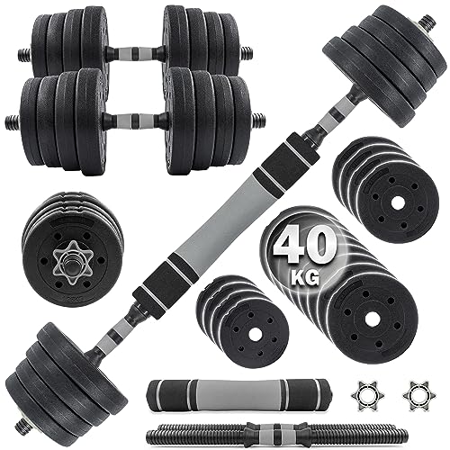 C.P.Sports 2in1 Juego de Pesas y Mancuernas 40kg | 4X 1,25kg - 6X 2,5kg - 6X 3,0kg - 2X Barras de Mango | Platos de Plástico para Entrenamiento, Fitness, Gimnasio en Casa