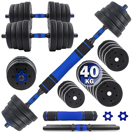 C.P.Sports 2in1 Juego de Pesas y Mancuernas 40kg | 4X 1,25kg - 6X 2,5kg - 6X 3,0kg Pesas - 2X Barras de Mango | Platos de Plástico para Entrenamiento con Pesas, Fitness, Gimnasio en Casa