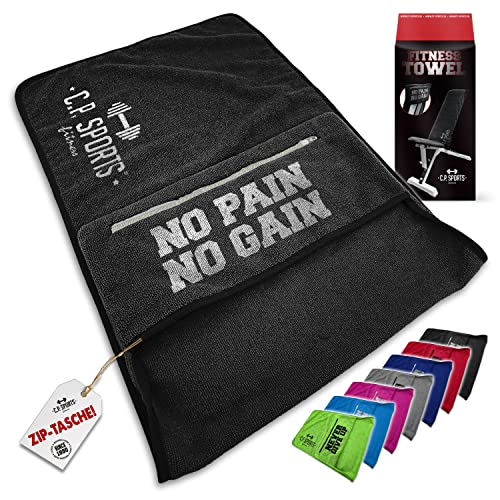 C.P.SPORTS Fitness Toalla de mano de microfibra | fijación + bolsa con cremallera | gimnasio entrenamiento deportivo | extra suave, lavable, larga y grande | para mujeres y hombres | color gris oscuro