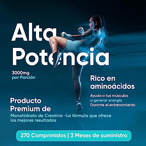 Creatina Monohidratada Pura 3000mg 270 Comprimidos - Suplemento Vegano Sin Sabor Para 3 Meses de Suministro, Incrementa Resistencia, Potencia los Efectos de los Entrenamientos y el Deporte