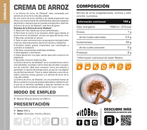 CREMA ARROZ 600 g VAINILLA- Suplementos Alimentación y Suplementos Deportivos - Vitobest