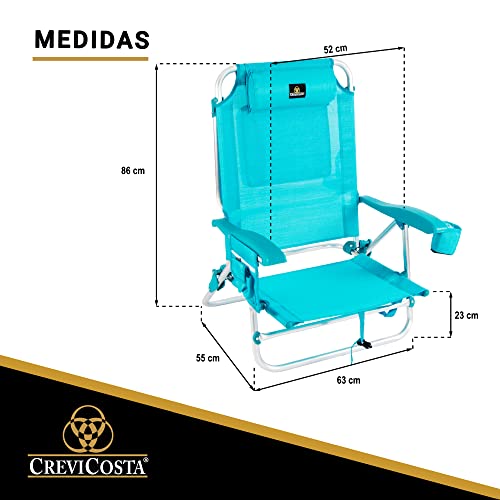 CREVICOSTA QUALITY MARK MARCAS DE CALIDAD - CORAL2108 Silla de Playa Plegable con reposabrazos, 7 Posiciones y portátil por su práctica Bolsa-Mochila. (Turquesa)