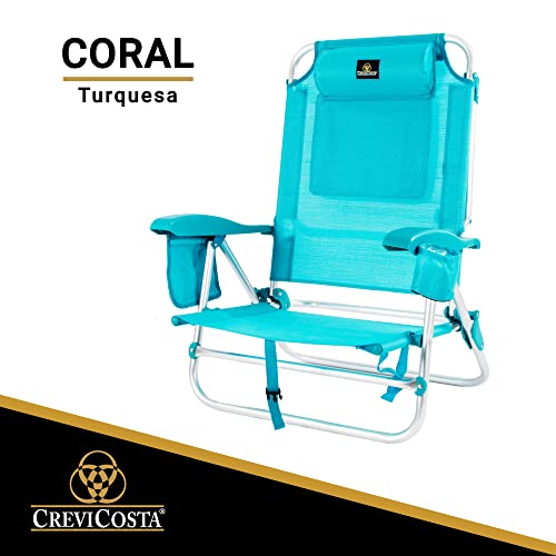 CREVICOSTA QUALITY MARK MARCAS DE CALIDAD - CORAL2108 Silla de Playa Plegable con reposabrazos, 7 Posiciones y portátil por su práctica Bolsa-Mochila. (Turquesa)