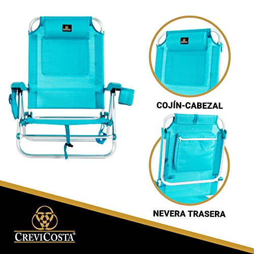 CREVICOSTA QUALITY MARK MARCAS DE CALIDAD - CORAL2108 Silla de Playa Plegable con reposabrazos, 7 Posiciones y portátil por su práctica Bolsa-Mochila. (Turquesa)