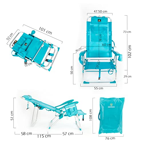 CREVICOSTA QUALITY MARK MARCAS DE CALIDAD - Lavanda 12009 - Silla de Playa Plegable con reposabrazos y 7 Posiciones de Descanso. (Turquesa)