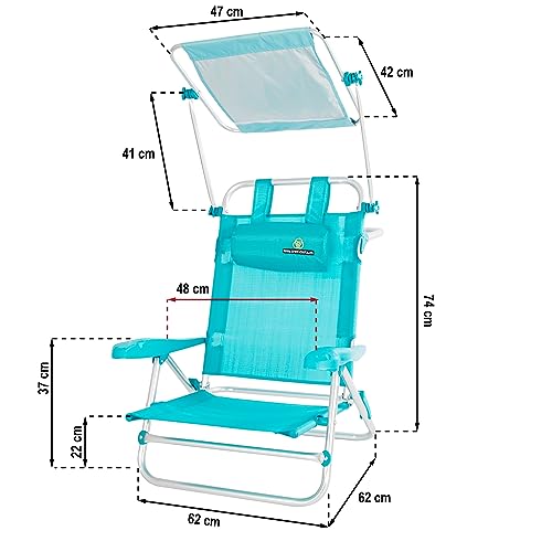 CREVICOSTA QUALITY MARK MARCAS DE CALIDAD - Sodio 2001-3 New - Silla de Playa Plegable con TOLDO, reposabrazos y 7 Posiciones (Turquesa)