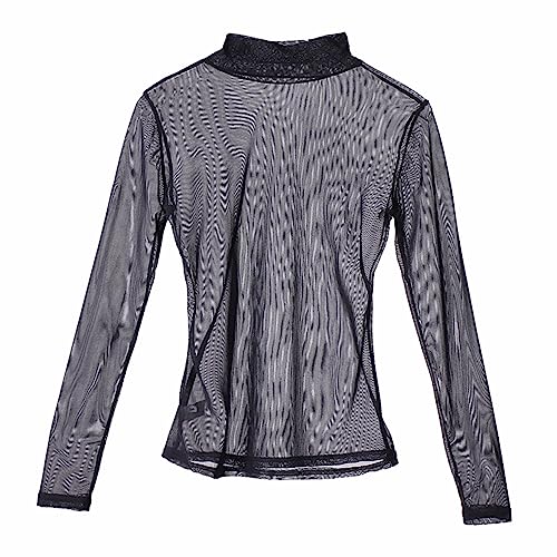 Crop Top Sexy Mujer Camiseta Transparente de Mujer Top Blusa Ajustada de Manga Larga Tops Cortos T Shirt Slim Chic Clubwear Casual Noche de Cuello Redondo Alto Bodycon Elástico (Negro, L)