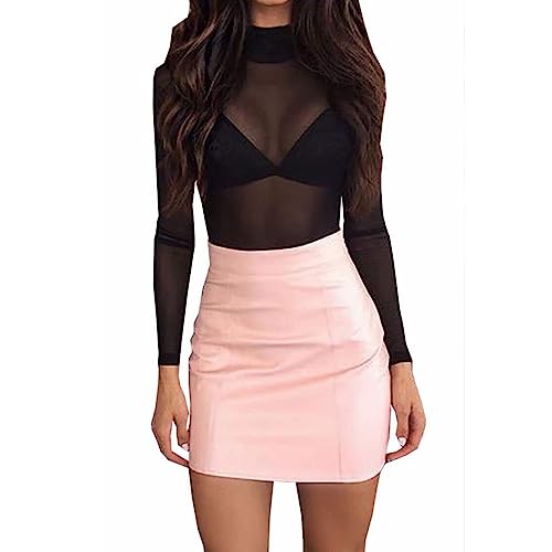 Crop Top Sexy Mujer Camiseta Transparente de Mujer Top Blusa Ajustada de Manga Larga Tops Cortos T Shirt Slim Chic Clubwear Casual Noche de Cuello Redondo Alto Bodycon Elástico (Negro, L)