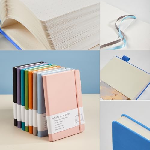 Cuaderno de Puntos/Dotted journal, Diario A5 con Tapa Dura con Papel Grueso Premium de 100gsm, Lazo Para Bolígrafo, Bolsillo Interior, Bandas Elásticas, 192 Páginas/Hojas, 14,5 x 21,3 cm (Azul Azure)