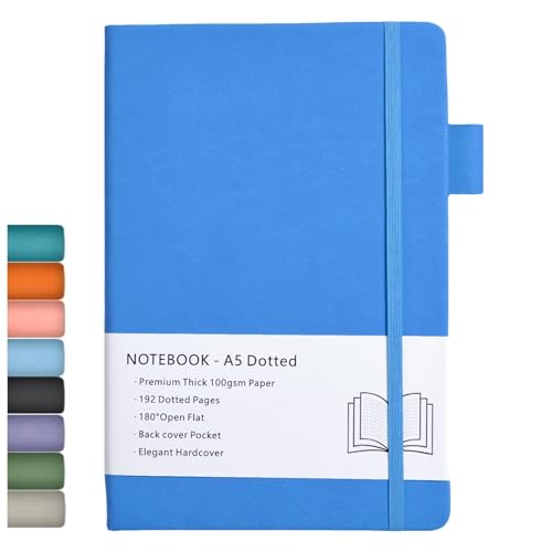 Cuaderno de Puntos/Dotted journal, Diario A5 con Tapa Dura con Papel Grueso Premium de 100gsm, Lazo Para Bolígrafo, Bolsillo Interior, Bandas Elásticas, 192 Páginas/Hojas, 14,5 x 21,3 cm (Azul Azure)