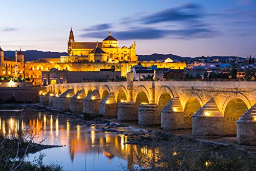 Cuadro lienzo canvas Cordoba Puente Mezquita y Catedral luces al atardecer Andalucia – Varias medidas - Lienzo de tela bastidor de madera de 3 cm - Impresion en alta resolucion (50, 33)