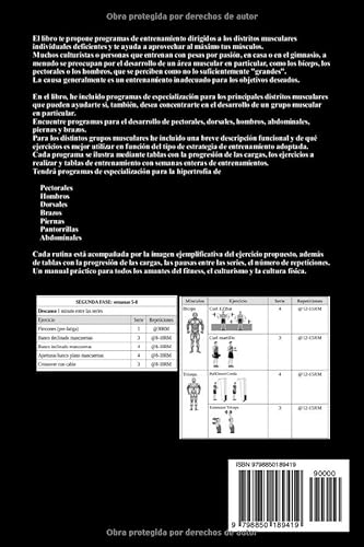 Culturismo. Programas de especialización para grupos musculares: Rutinas de Entrenamiento Aumento de Masa Muscular y Fitness para Pectorales, Dorsales, Hombros, Piernas, Brazos, Abdominales