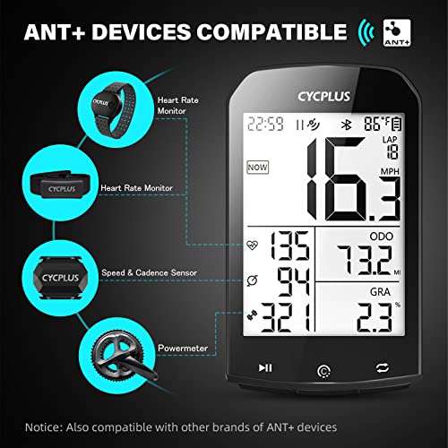 CYCPLUS GPS Computadora para Bicicleta Velocímetro y odómetro para Bicicleta Ant + Computadora para Ciclismo inalámbrica Bluetooth con aplicación Pantalla LCD de 2,9 Pulgadas con retroiluminación