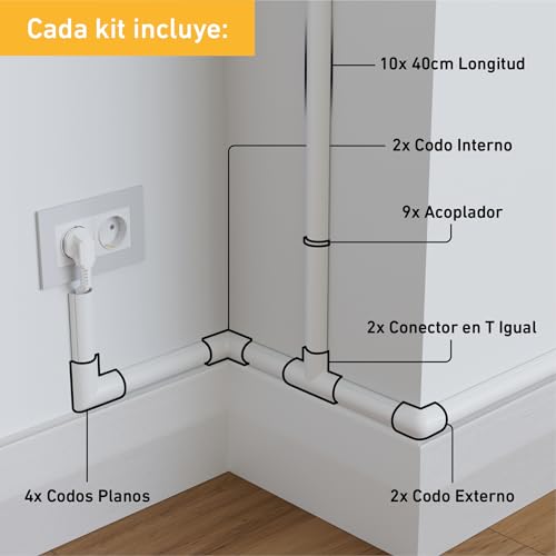 D-Line Mini Canaletas adhesivas de PVC para cables, Multipack de 10 piezas (30x15mm) de 40cm de longitud (4-metro) en color blanco - Solución para organizar, proteger y cubrir cables