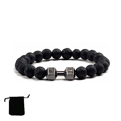 DANC Gymheads Bracelet, Atural Stone Dumbbell Beads Bracelet Set for Men, Mens Beaded Bracelets Jewelry Gym Gifts for Men (Black-A)