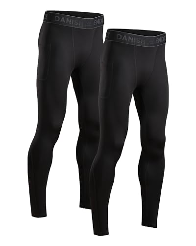 DANISH ENDURANCE 2 Pack Mallas de Compresión para Hombre, Pantalones Deportivos Running con Bolsillos, Negro, XXL