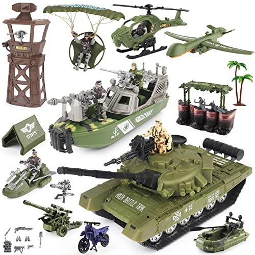 deAO Juego de Militar Juguete, con Avion Militar Juguete, Vehículos Militares, Tanque, Buque de Guerra, Helicóptero,Telescopio, Torre de Defensa etc. Regalos de Cumpleaños para Niños Mayores de 3 Años