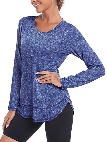 Deaviya Camiseta deportiva de manga larga para mujer, camiseta de manga larga holgada, camiseta deportiva para mujer, camiseta funcional de manga larga, camiseta informal de fitness, azul oscuro, XXL