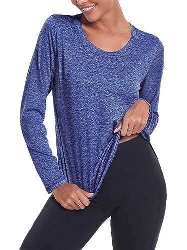 Deaviya Camiseta deportiva de manga larga para mujer, camiseta de manga larga holgada, camiseta deportiva para mujer, camiseta funcional de manga larga, camiseta informal de fitness, azul oscuro, XXL