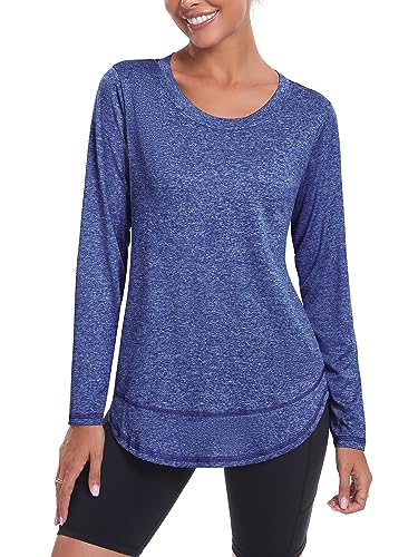 Deaviya Camiseta deportiva de manga larga para mujer, camiseta de manga larga holgada, camiseta deportiva para mujer, camiseta funcional de manga larga, camiseta informal de fitness, azul oscuro, XXL