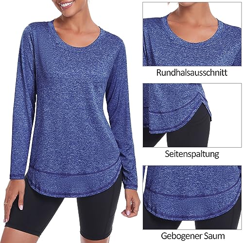 Deaviya Camiseta deportiva de manga larga para mujer, camiseta de manga larga holgada, camiseta deportiva para mujer, camiseta funcional de manga larga, camiseta informal de fitness, azul oscuro, XXL